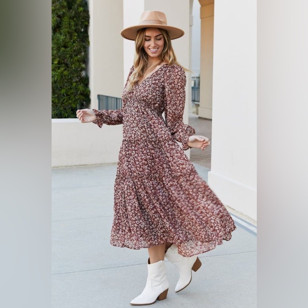 By the river burgundy ditsy floral print tiered midi dress